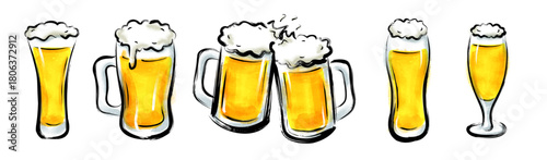 生ビールの筆書き墨絵ベクターイラスト