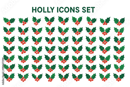 Christmas Holly Berries Icon Set - Minimalist Flat Design Vector Elements for Holiday Decoration and Corner Borders