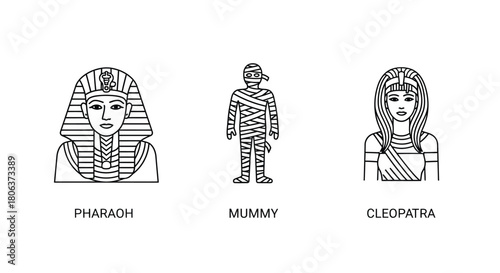 Ancient egypt icons pharaoh mummy and cleopatra line art illustrations