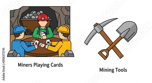 Cartoon illustration of miners playing cards and various mining tools displayed