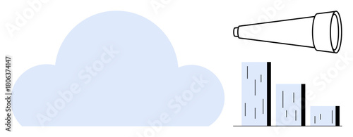 Cloud, telescope for vision or exploration, bar chart for performance analytics. Ideal for innovation, data, strategy, insight, planning storage technology. Minimalist flat metaphor