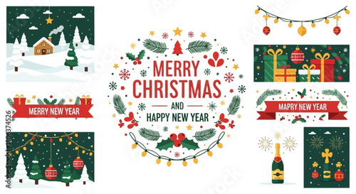 Collection of festive christmas and new year illustrations including snowy cabins, gift boxes, fireworks, champagne, and holiday greetings