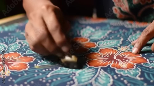 Painting floral batik with hot wax.