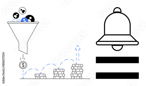 Funnel filtering users into coins, stacks increasing in size symbolizing revenue growth. Bell icon representing alerts or notifications. Ideal for business, marketing, sales, revenue, analytics