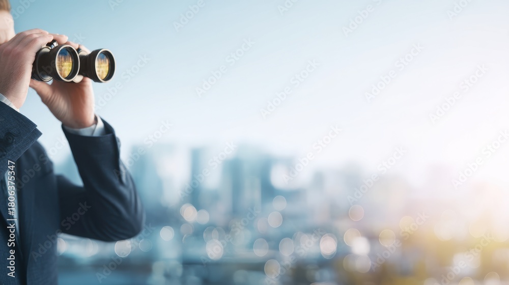 Obraz premium Man looking through binoculars into the distance over a blurred city panorama. Searching for future business opportunities and vision.