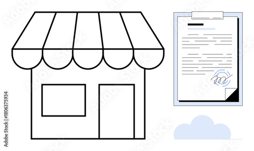 Small shop icon paired with a signed document clipboard, suggesting contract, ownership, or terms. Ideal for agreements, business deals, entrepreneurship, e-commerce, legal startups simple flat