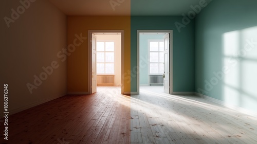 Interior room divided by color contrast, featuring wooden floors and sunlight streaming through large windows in two tones.