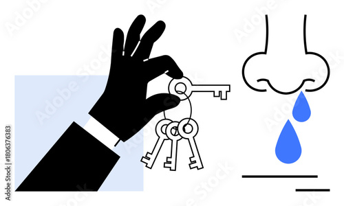 Hand holding keys beside nose with blue droplets, symbolizing choices, access, emotional decisions, and problem-solving. Ideal for security, solutions, emotions, responsibility consequences