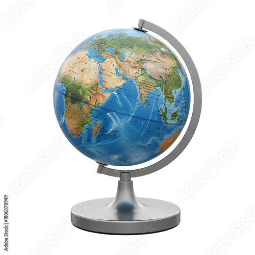 Globe Showing Asia and Africa on Stand on transparent background