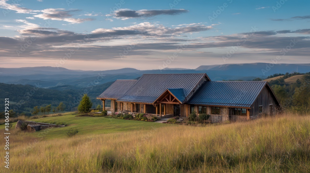 Fototapeta premium A cozy farmhouse with a metal roof and wooden accents surrounded by rolling hills The sky is clear