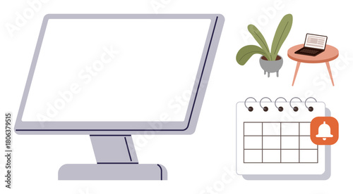 Desk setup showcasing a monitor, small table with plant and laptop, and calendar with notification. Ideal for office, workspace, time management, scheduling, productivity, remote work organization