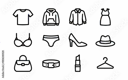 Collection of Fashion Icons Presenting Apparel and Accessories with Linear Design and Minimalist Style for E commerce and Marketing