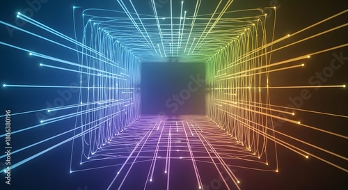Fototapeta Naklejka Na Ścianę i Meble -  Digital Data Tunnel with Light Streaks Representing Information Flow and Network Connectivity in Technology Concept with Glowing Dots 3d Rendering