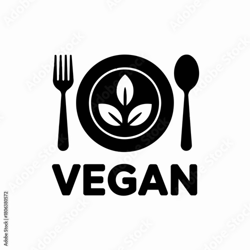 Elegant Vegan Food Icon with Plate Fork and Spoon symbolizing Healthy Eating and Plant Based Lifestyle