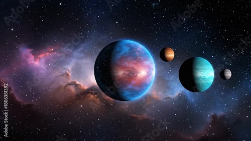 A digital cosmic landscape in horizontal format featuring vibrant nebula clouds and scattered planets of many colors with a large blue brownish planet at the top glowing beside a teal planet while sma