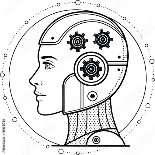 Outline drawing of a female robot head with gears inside and a dotted circle around the head