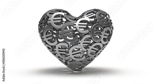 A gleaming heart sculpture composed entirely of interconnected silver Euro currency symbols stands on a white background, representing finance, wealth, and prosperity.