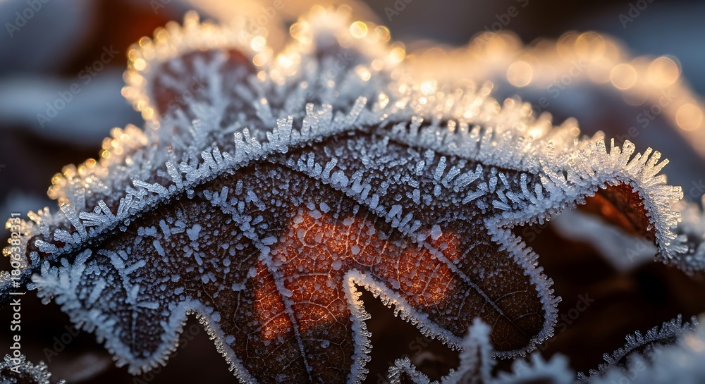 Fototapeta premium Close up of a frosty leaf with intricate ice crystals illuminated by warm sunlight.