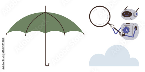Green umbrella, AI robot with magnifying glass inspecting details, and simple cloud form. Ideal for technology, data analysis, protection, innovation, artificial intelligence, cloud computing