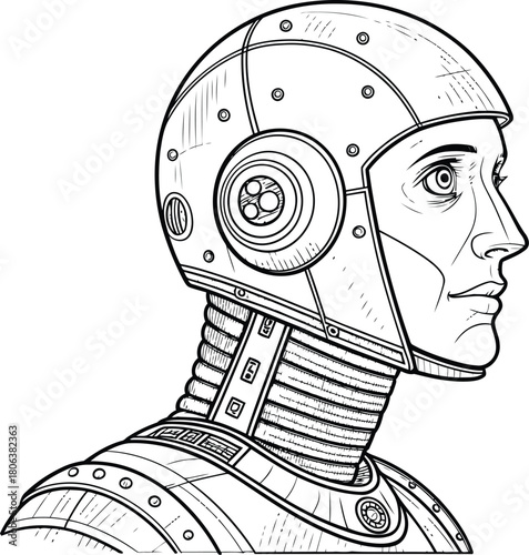 Illustration of a cyborg with metal helmet and ribbed neck in black and white line art style