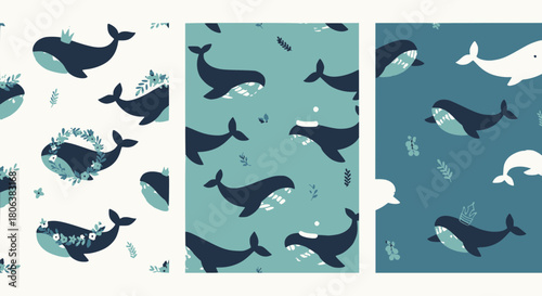 Whimsical whale patterns for nursery decor and stylish kids apparel create a playful and trendy aesthetic with charming marine life designs.