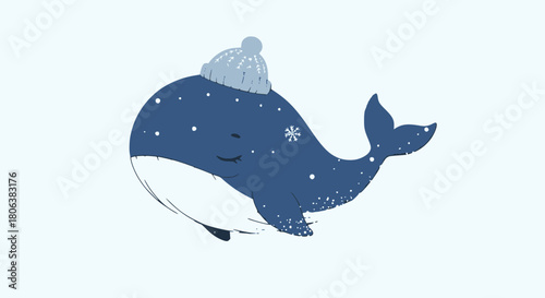 Adorable winter whale wearing a hat surrounded by snowflakes for holiday cheer and seasonal fun, perfect for kids designs and festive promotions