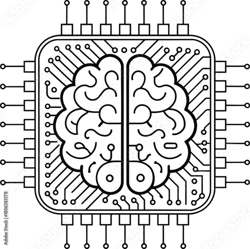 Line drawing of a brain inside a computer chip with connected circuits and multiple input output pins