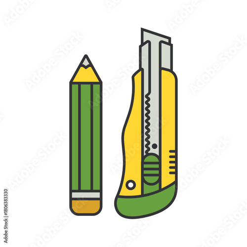 Green pencil and yellow utility knife on black background