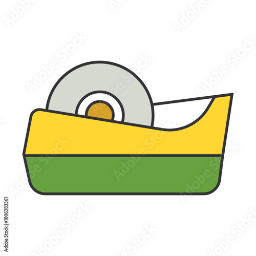 Flat design illustration of a yellow and green tape dispenser with a roll of tape
