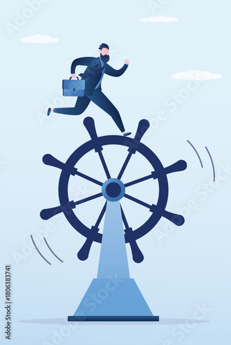 Businessman runs on a steering wheel. Leadership, business people choose direction for business. Entrepreneur use rudder for finding route, search for right way of business development.