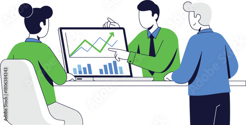 Team discussing business performance with growth charts on laptop