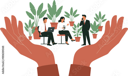 Large hands protect and nurture a thriving green office environment with diverse professionals working harmoniously among lush plants for business growth.