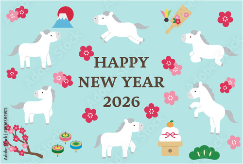 かわいい白馬の年賀状。2026年、午年、ベクター、正月