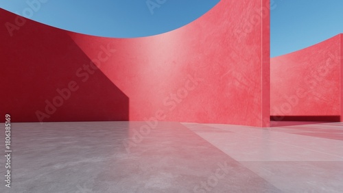 Fototapeta Naklejka Na Ścianę i Meble -  Abstract red curved architecture background, Empty curve wall space with concrete floor, Modern exterior backdrop, Minimal building, 3d rendering