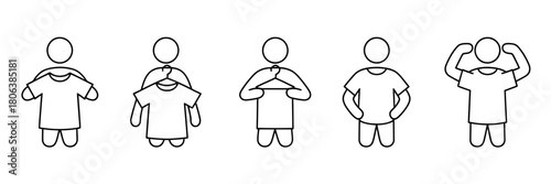 Simple Line Drawing Illustration Showing Different Stages of Putting On a T Shirt Demonstrating Clothing or Retail Process
