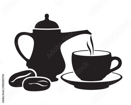  Black silhouette of a coffee pot pouring into a cup with coffee beans silhouette
