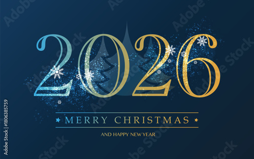 Dark Blue Christmas and New Year Card Background Design with Snow, Snowflakes and Golden Numbers - Illustration in Editable Vector Format - 2026