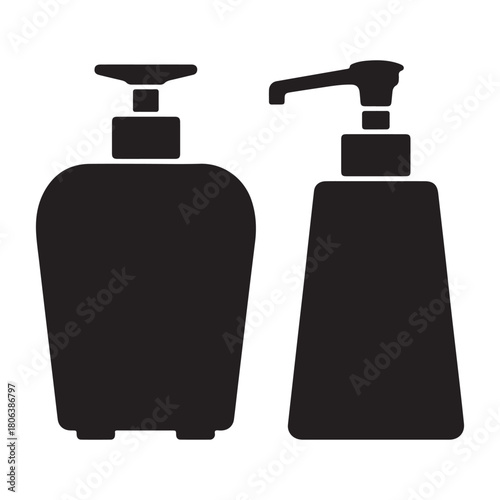  Two black silhouette soap dispenser bottles with pump tops on white background silhouette