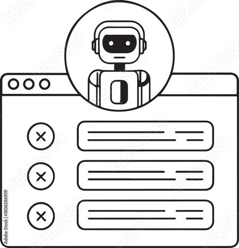 Outline of a robot in a circle above a window with three messages and close buttons on the left
