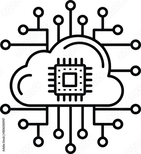 Illustration of a cloud with a chip inside and connections extending outwards in black and white