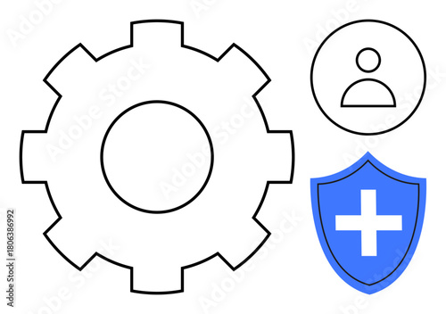 Gear for settings, user icon, and a shield with cross for security highlight user protection. Ideal for technology, security, management, healthcare, data user interface services. Simple flat