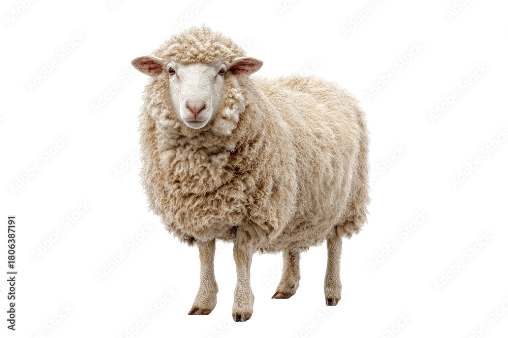 Fototapeta premium Fluffy, woolly sheep standing, looking forward, with light background