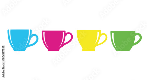 Colorful cartoon illustration displaying four uniquely colored coffee cups in a row