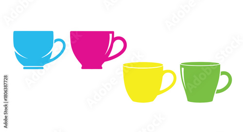 Colorful ceramic teacups and coffee mugs in a simple illustrative design