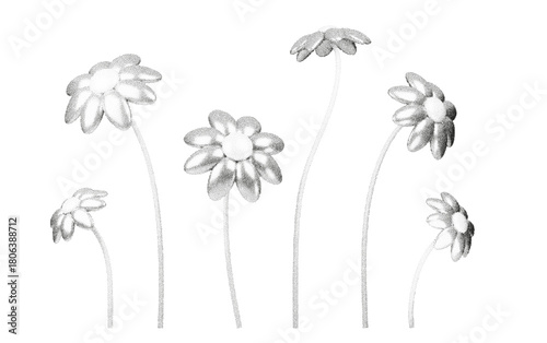 Dot flower illustrations with grain noise and stipple shading create airy 3D botanical forms. Halftone gradients, soft shadows and abstract grunge texture add a vintage retro charm