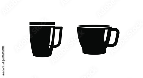 Simple black and white illustration depicting two different styled coffee mugs