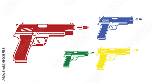 Colorful depictions of pistols are shown in a simple graphic style