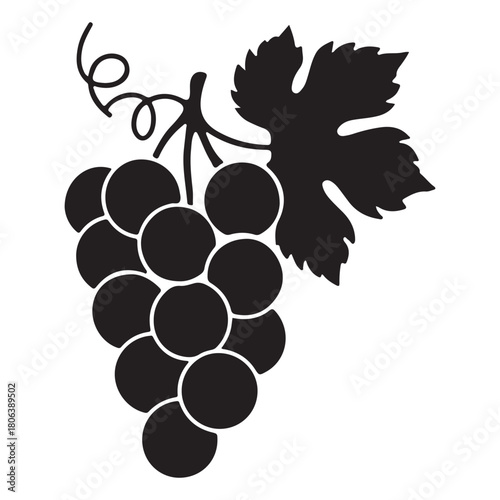  A detailed black silhouette of a ripe bunch of grapes with a leaf and vine
