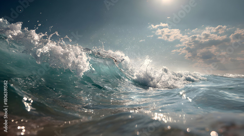 Fototapeta Naklejka Na Ścianę i Meble -  Sunlit ocean waves with sparkling clear water beneath a cloud-dotted sky