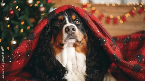 A dog is laying on a red blanket. The dog has a black and brown coat. The dog's eyes are open. Bernese Mountain Dog with soft red blanket, warm holiday feel